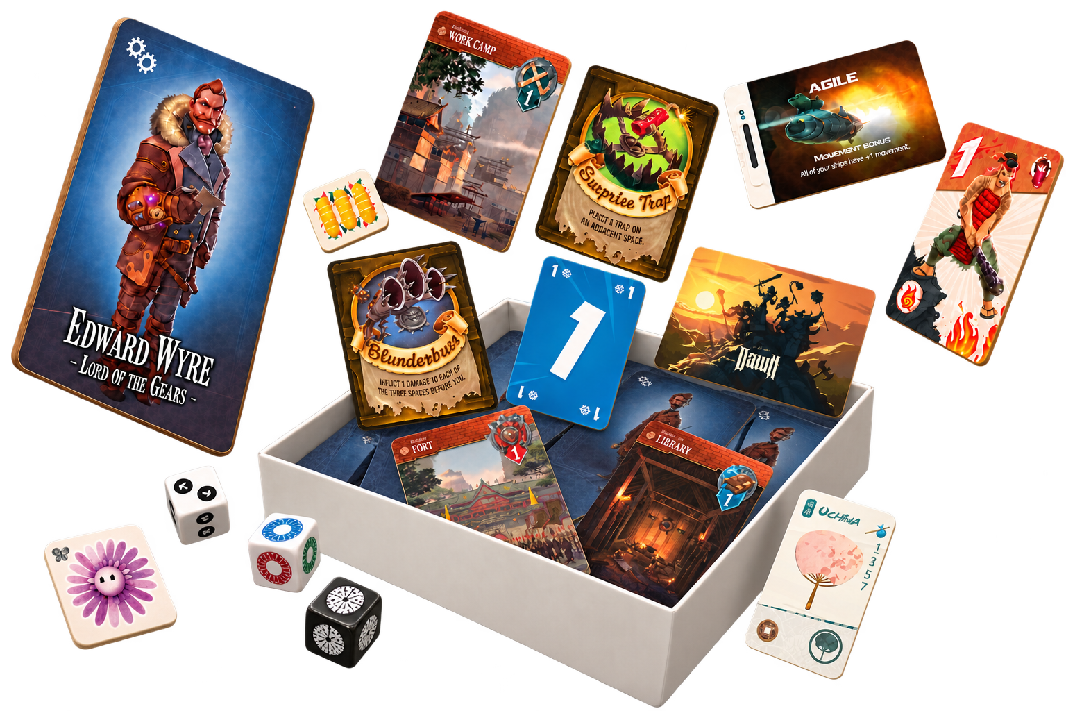 Game components floating around an open off-white box, without a lid.